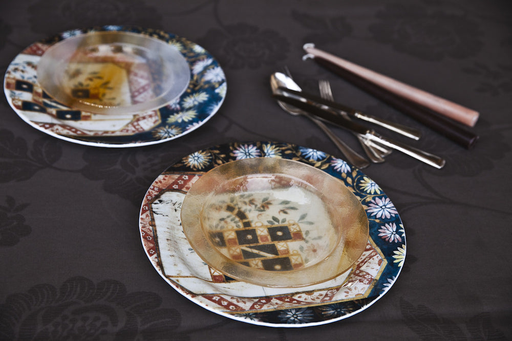 Decorative Print Glass Dinner Set by Forme Roma, handmade dinnerware, handmade dinnerware sets, artisan dinnerware, artisan dinnerware set, artisan glass dinnerware, artisan glass dinnerware set, unique dinnerware, unique dinnerware set, elegant dinnerware, elegant dinnerware set